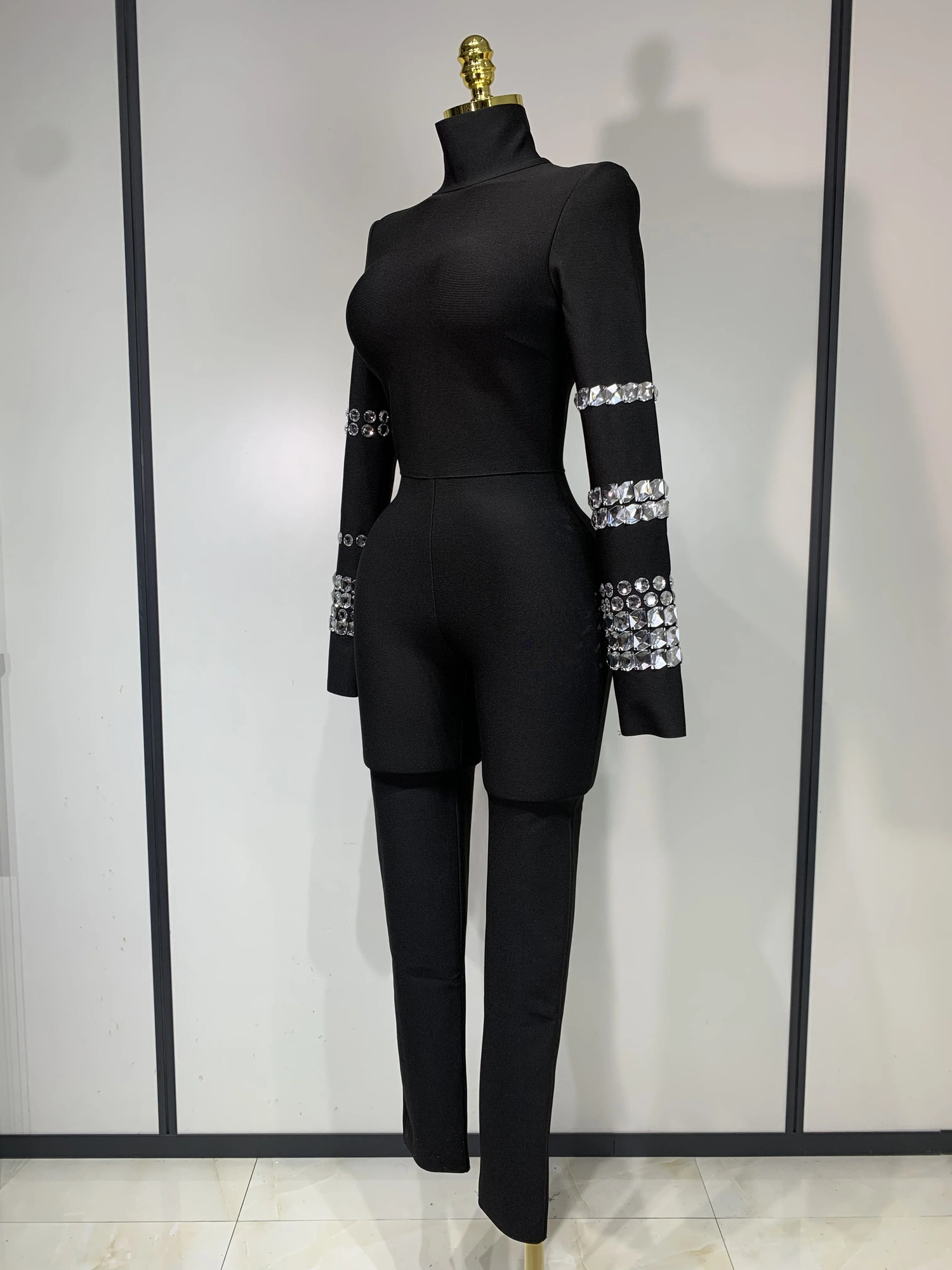 Sparkly Diamonds Long Sleeve Black Bodycom Bandage Jumpsuit Fashion Woman Party Outfit Nightclub Performance Costume 251027