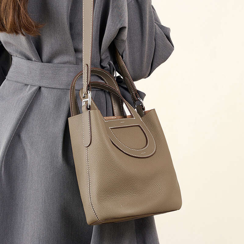 Top Layer Cowhide Basket Bucket Handheld Shoulder Crossbody Genuine Leather Women's Bag Trendy