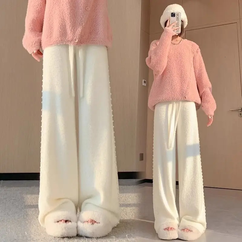 Pink Mink Fur Nail Bead Knitted Wide Leg Pants for Women in Autumn and Winter Lazy Relaxed Casual Straight Long 251027