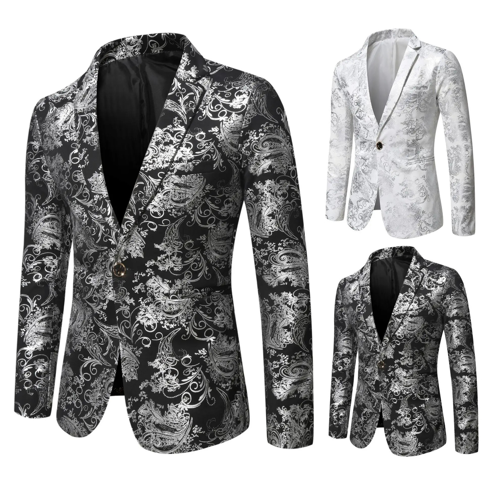 Mens Slim Fit Print Blazer Jacket Fashion Handsome Business Casual Silver Stage Show Suit Small Menswear 251028