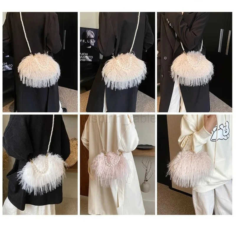 Shoulder Bag Tassel highend fiery chicken feather niche crossbody bag pearl chain versatile autumn and winter plush bag M251030