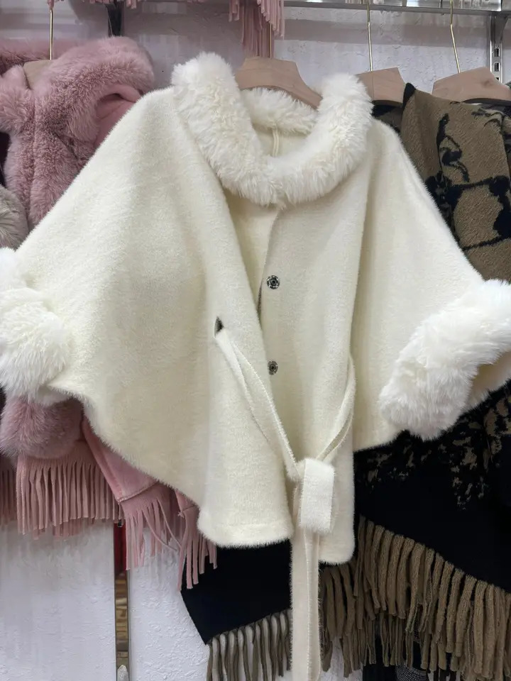 3 Colors Women Fur Cashmere Cardigan Button Loose Coat Winter Warm Woolen Poncho Cape Batwing Sleeves Overcoat With Ball Belt 251029