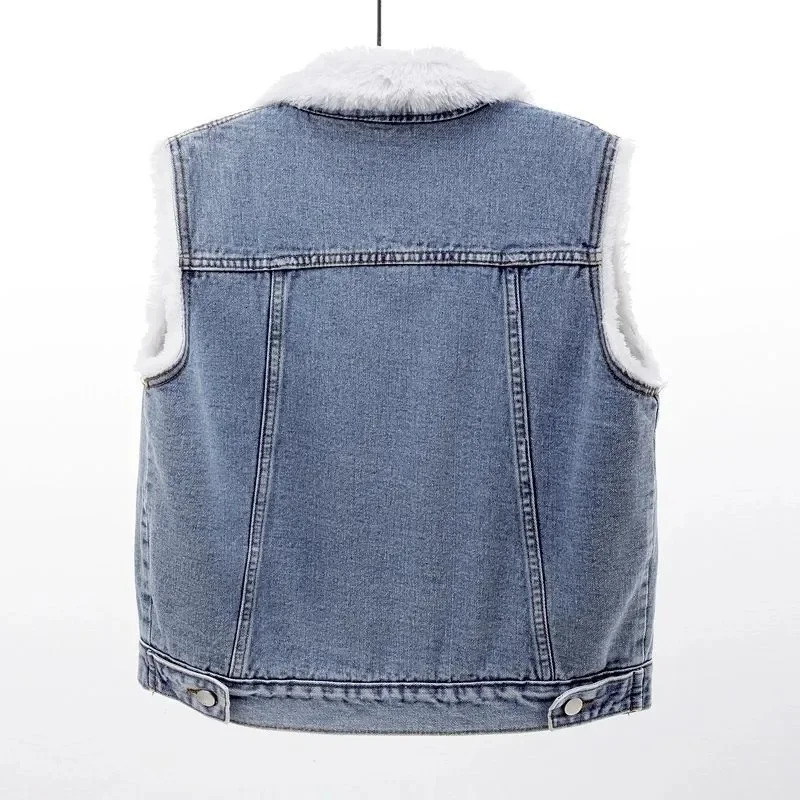 Autumn Lamb Wool Liner Plush Thick Cowboy Vest Winter Plus Velvet Warm Women Denim Waistcoat Female Gilet Sleeveless Jacket 251027