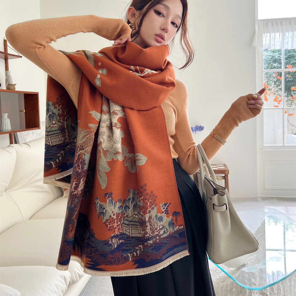 Korean Style Artistic Landscape Pattern Scarf Autumn And Winter Double Sided Thick Warm Large Shawl Scarf Retro Aesthetic Versatile Scarf