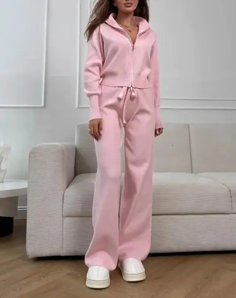 Two Piece Set Women Outfit Autumn Winter Double Zipper Long Sleeve Knitted Top High Waist Casual Pants Set 251029