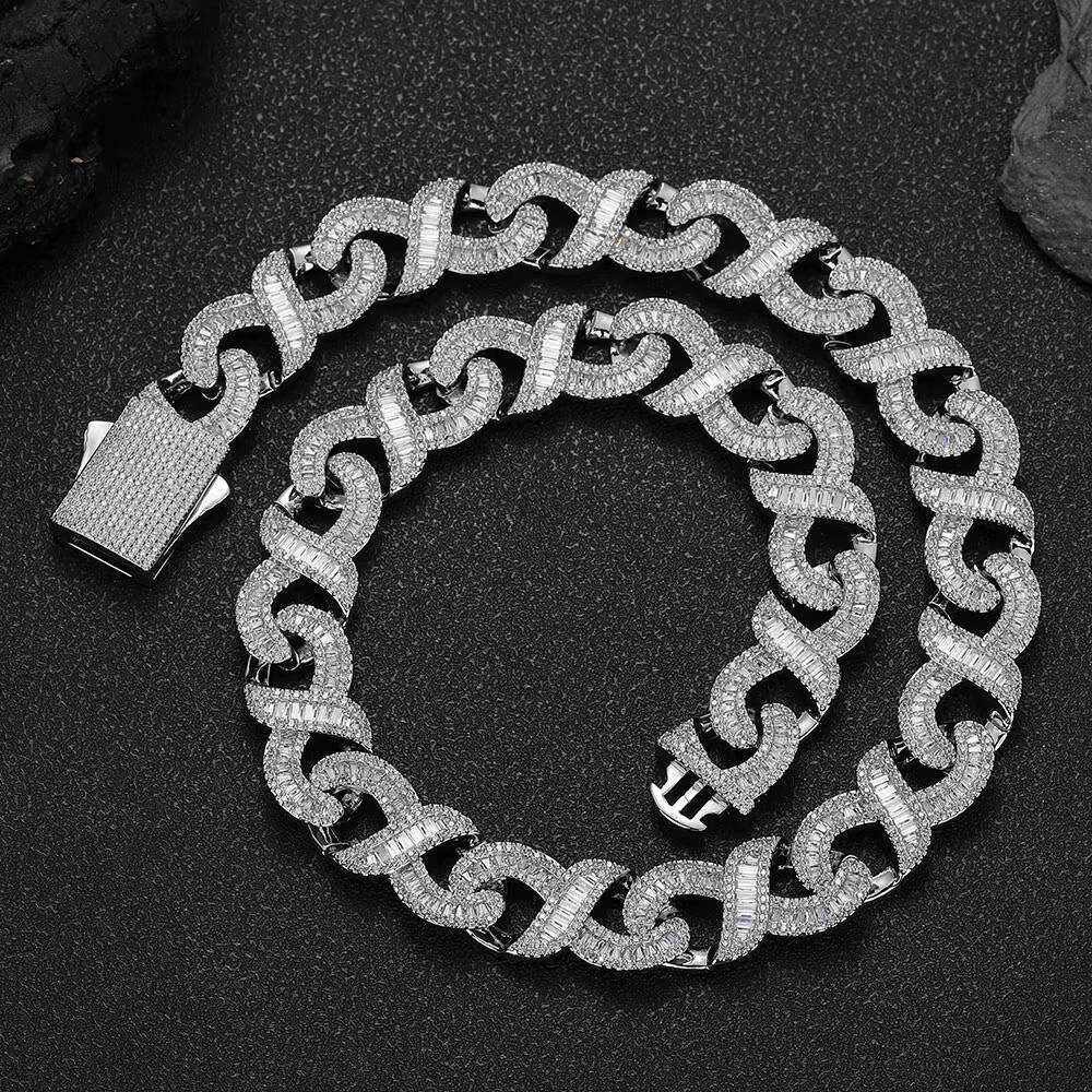 NUOYA 15MM Miami Cuban Link Chain Necklace Women Iced Baguetter Diamond Infinite Sign Gold Plated Mixed Inlaid moissanite Cuban Designer's style