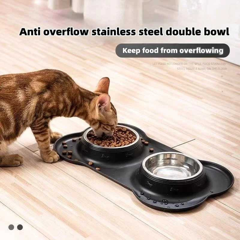 Pet supplies food utensils stainless steel folding dog bowl cat bowl placemat silicone double bowl leakproof easy to clean J251113