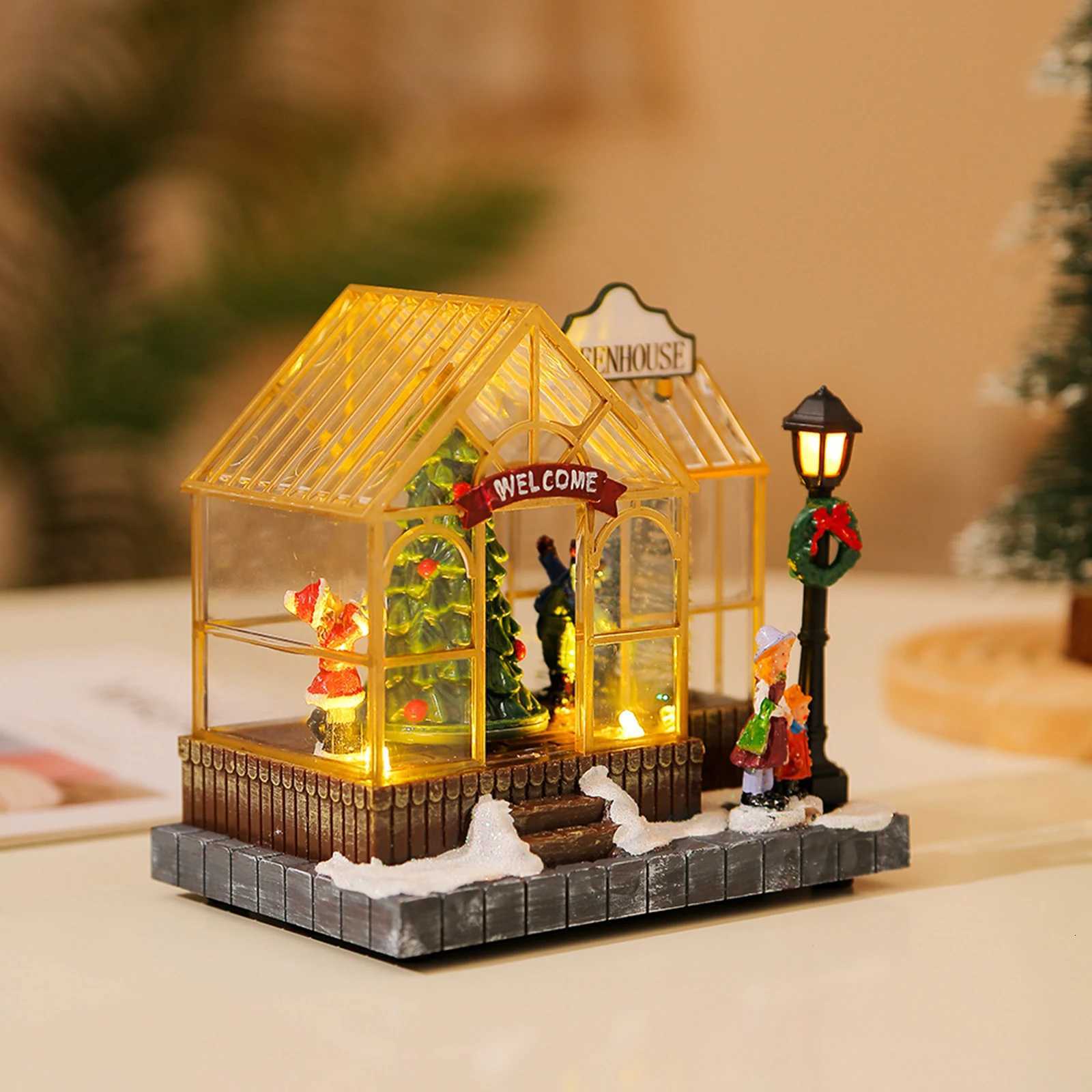 Christmas Village House Figurines Lighted Christmas Collectible Buildings Decoration with Music New Year Decor C251030