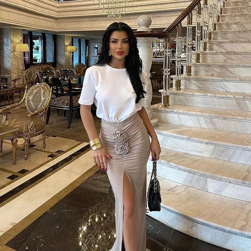 Summer Fashion Women Skirt Streetwear Solid Skirts Appliques Sexy Split Slim Elegant Female Party Straight High Waist Skirts 251028