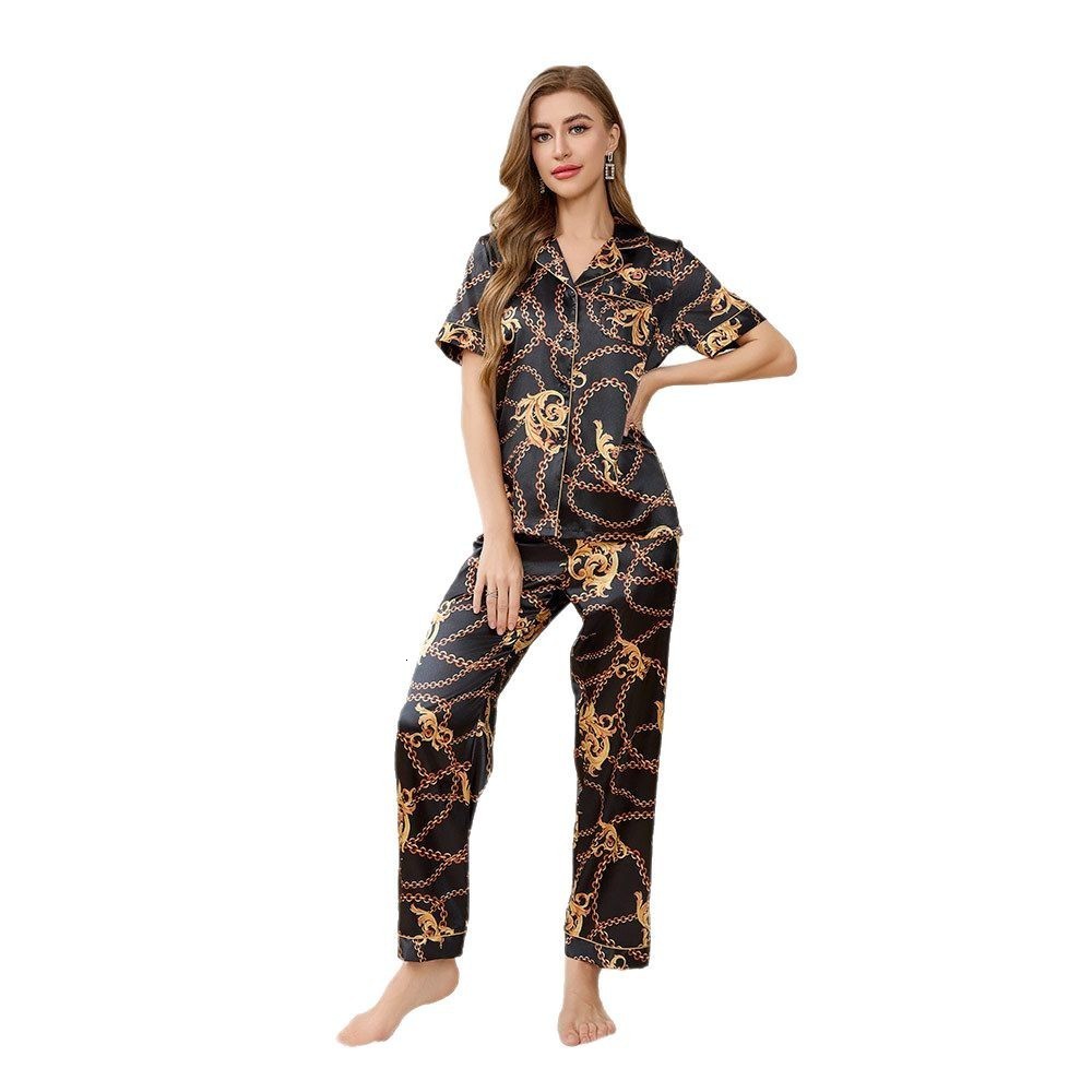 Yaoting Ice Silk Pajamas for Women Summer Short Sleeve Long Pants Homewear Set Highend Printed Twopiece Set TZ3432 230828