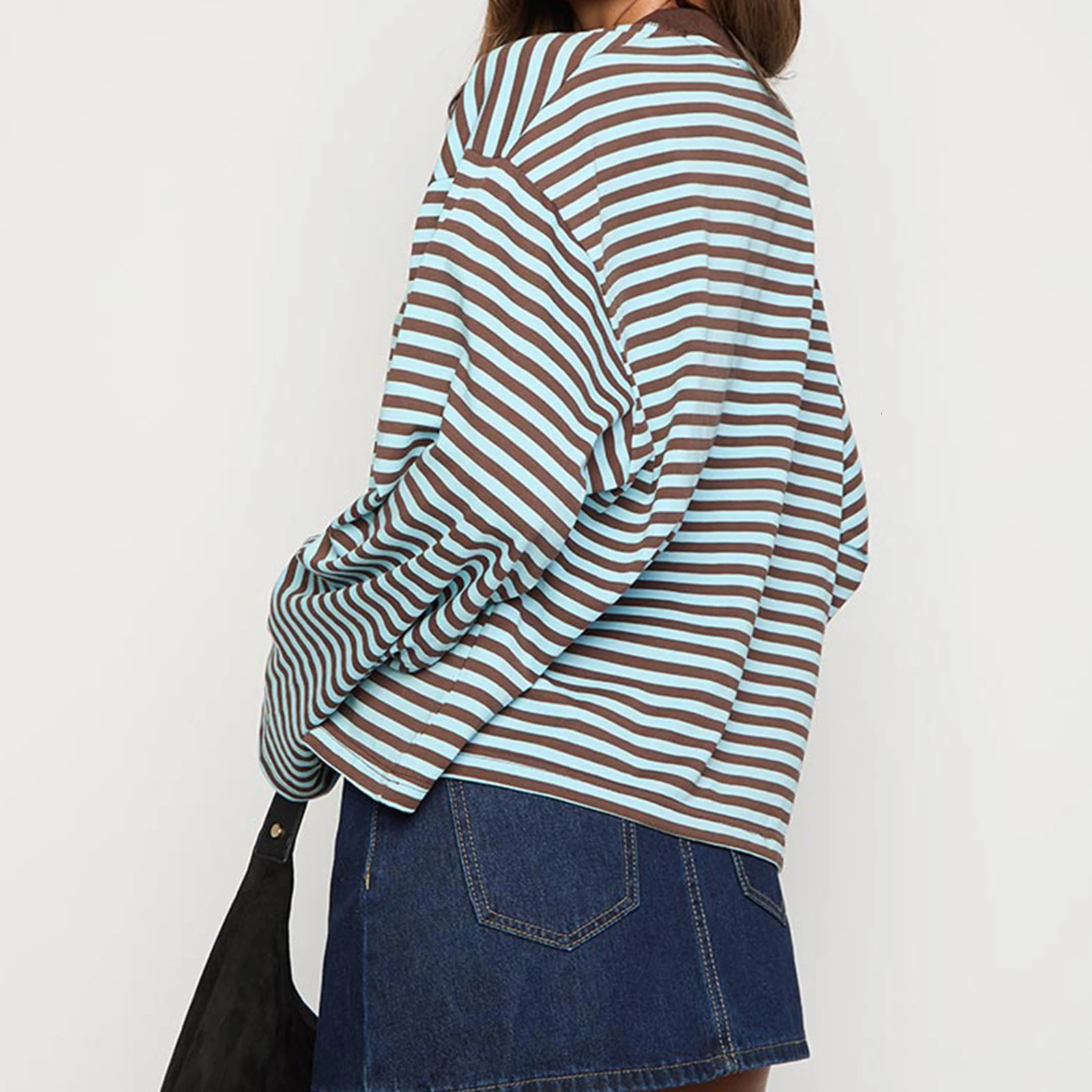 Striped Long Sleeve T Shirt Women Y2k Oversized Crewneck Sweatshirt Aesthtic Vintage Autumn Drop Shoulder Cute Going Out Tops 251030