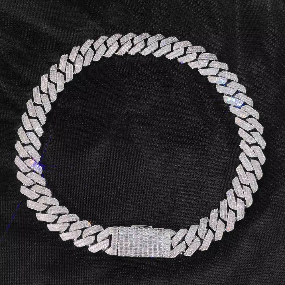 New Style 20mm Baguette Moissanite Prong Cuban Chain Necklace in White Gold Iced Out Hip Hop Jewelry Cuban Link Chain