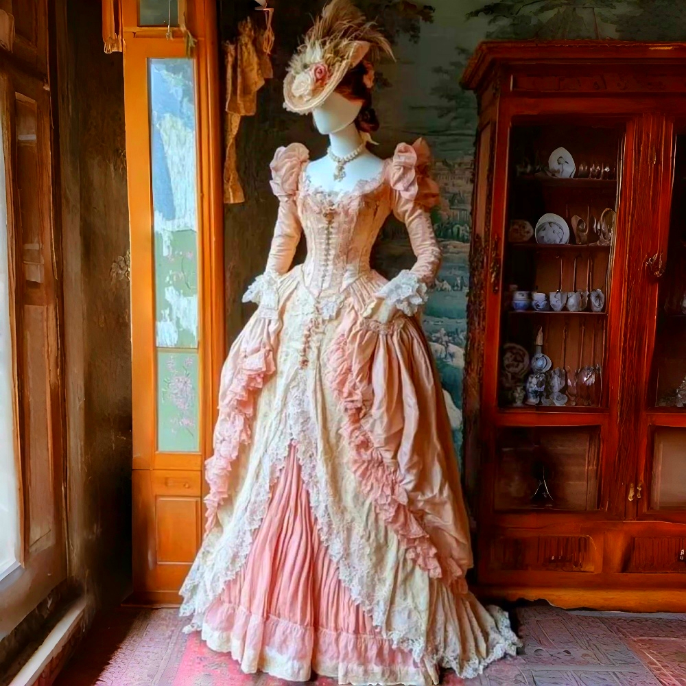 Historical Baroque Prom Dresses Ruched Long Sleeves Vintage Victorian Evening Gowns Pink Renaissance Formal Dress Costume