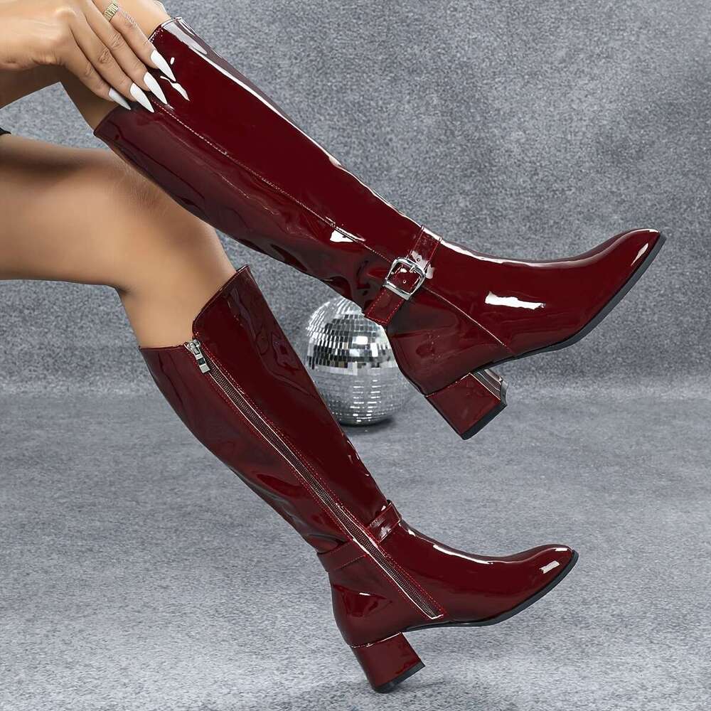 1Pr Elegant Knee-High For Women - Solid Color, Mid Block Heel, Round Toe, Side Zipper, Dress Boots With Flannel Lining And PVC Sole, Winter Veet Style