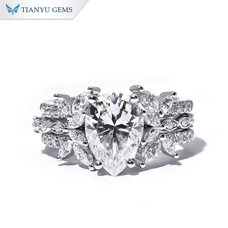 Tianyu Gems 842g 14k White Gold Pear Moissante Diamond 710mm DEF VVS1 Jewelry Ring Set for Women