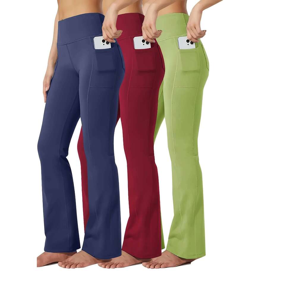 3pcs Women's Plus Size High-Waisted Booty Lift Flared Yoga Pants with Phone Pockets - Full-Length Trousers, Tummy Control Butt Lifting Design, Al