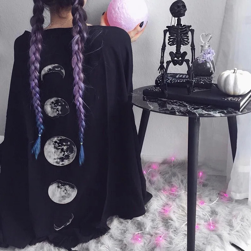 FICHOR Gothic Moon Phase Black Cloak for Women Fall Winter Geometric Y2k Graphic Goth Outwear Oversized Irregular Ponchos Ladies 251029