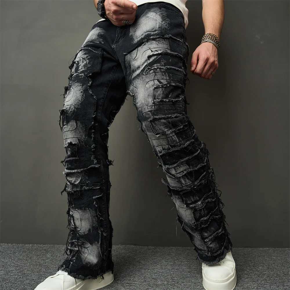 Streetwear HipHop Men Ripped Spliced Patch Straight Jeans Stylish Male Distressed Loose Biker Denim Pants J251030