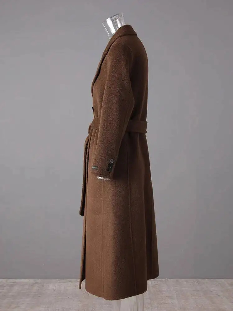 EAM Brown Belted Big Size Long Elegant Woolen Coat Lapel Sleeve Women Jacket Fashion Autumn Winter 2025 CPG4131 251010