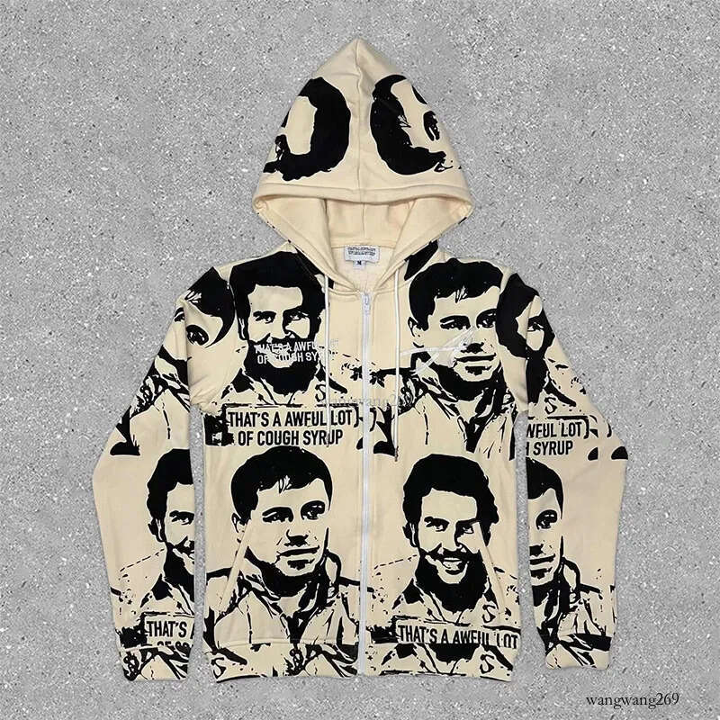 Goth Graphic Portrait Print Y2K Zip Up Hoodies Men Hip Hop Fashion Hoody Autumn Streetwear Oversized Sweatshirts ropa hombre 241218