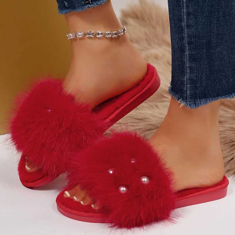 2025 Elegant Pearls Cotton Slippers for Women Winter Indoor Plush Home Slides Open Toe Soft Sole Cotton Slippers for Ladies H251030