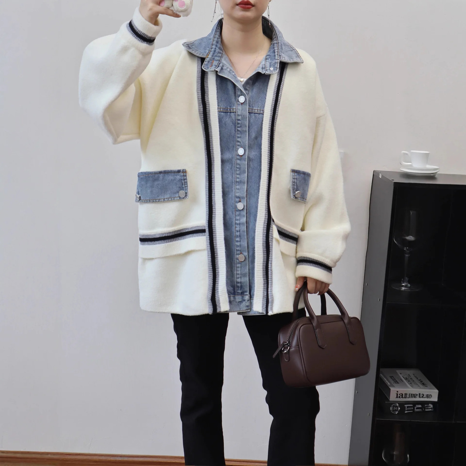Women Knitted Spliced Cardigan Casual Jumpers Denim Patchwork Long Sleeves Single Breasted Thick Loose Office Lady 2025 Autumn 251029