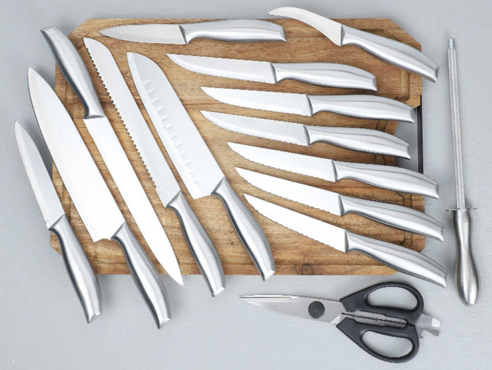 Stainless steel kitchen knife set - 16-piece set for home use, featuring multi-functional cutting knives and a wooden knife holder.X250125