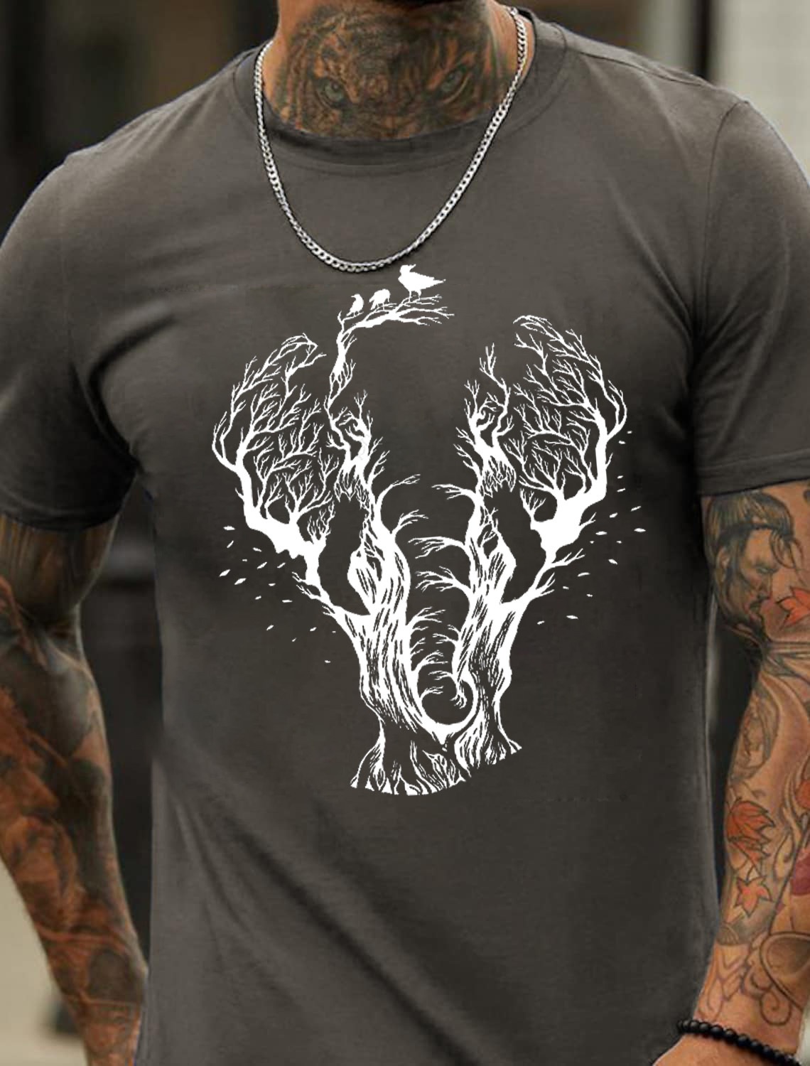 European and American Oversized Elephant and Forest Print Men's Cotton Summer T-Shirt - TT7185