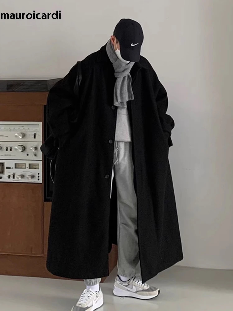 Mauroicardi Autumn Winter Long Warm Grey Black Slouchy Woolen Coat Men Single Breasted Loose Casual Wool Blends Overcoat 251029