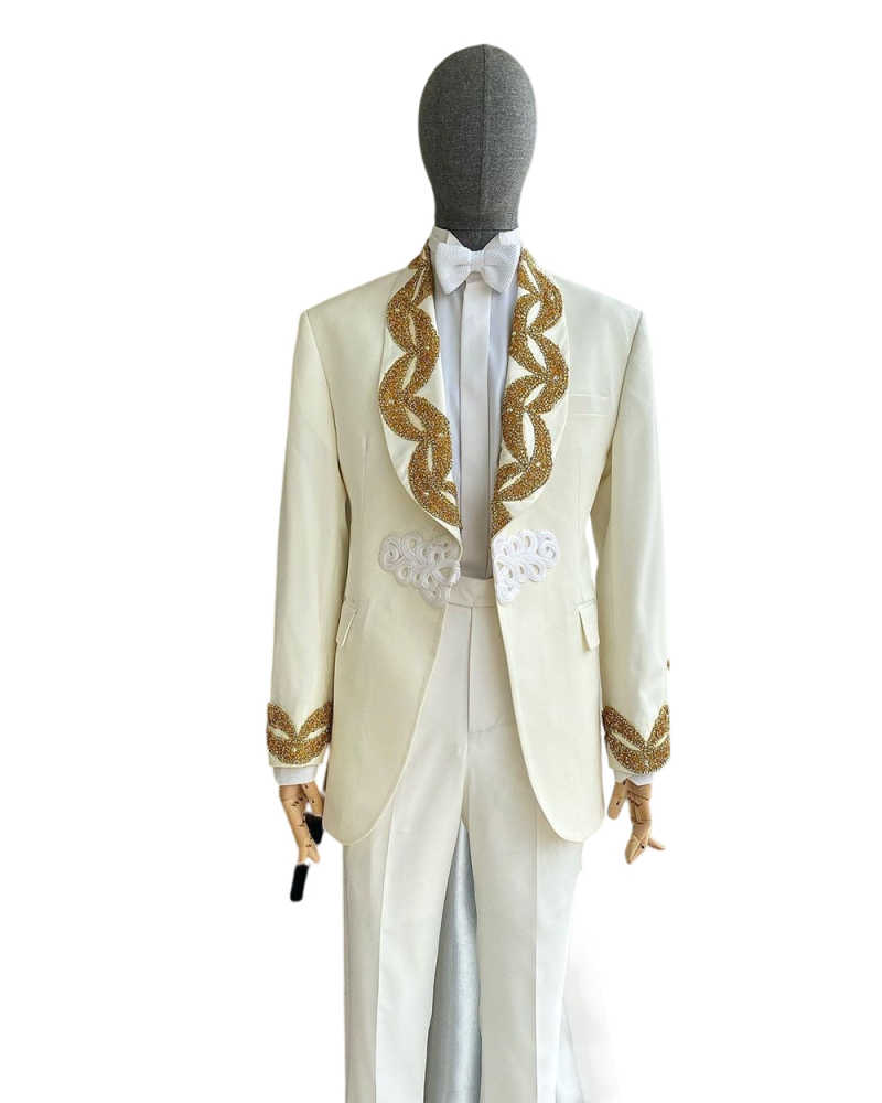 Exquisite Men Suit 2 Pieces Blazer Pants One Button Shawl Lapel Gold Appliques Wedding Groom Customized