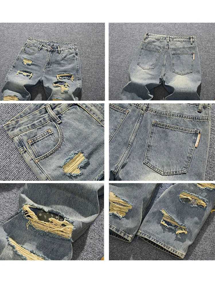 2025 personalized handsome ripped jeans mens street fashion brand loose straight leg wide leg retro distressed denim pants J251030