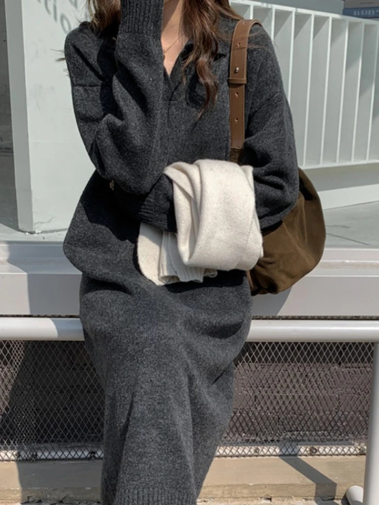 in Women Autumn Winter Lapel Full Sleeve Solid Long Knitted Dress Casual Thicken Warm Loose Sweater Dress Female Vestidos 251029