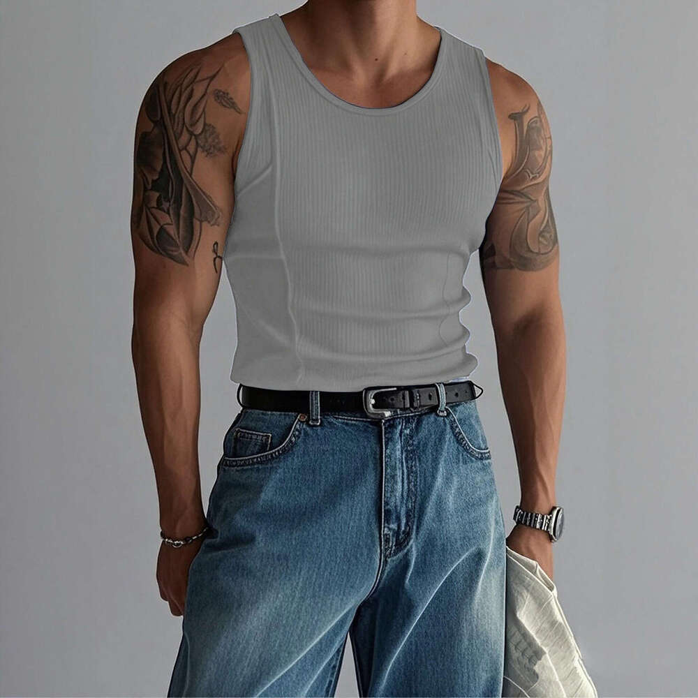 Summer Knitted Vertical Striped Fitness Sports Casual Slim Fit Tank Top Men's Sleeveless Wide Shoulder Vest Men