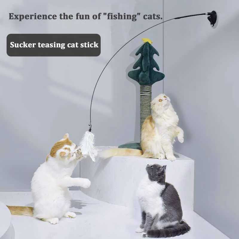 Funny Cat Toy Folorful Fluffy Feather With Bell Sucker Cat Stick Toy Kitten Play Interactive Detachable Teaser Wand Cat Supplies S251029