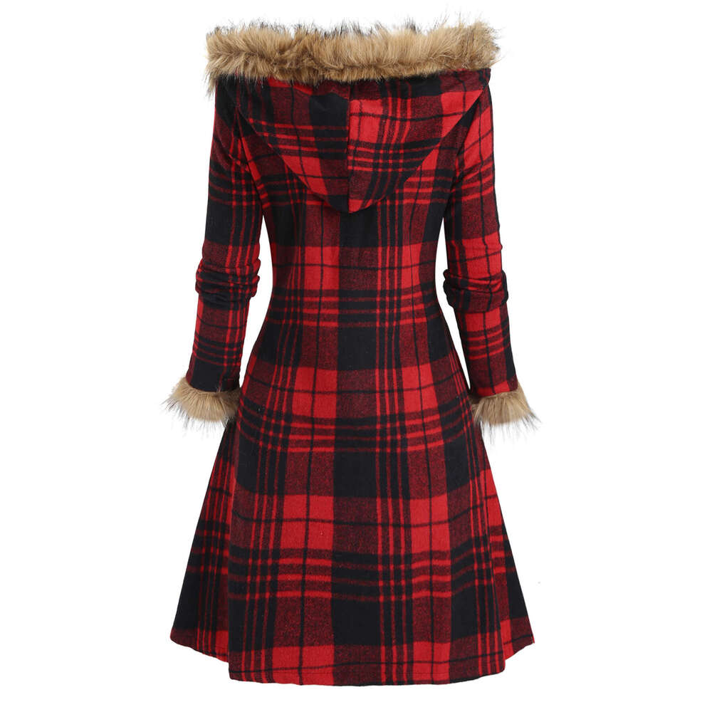 Women S Tartan With Hood Collar Bury Black White Plaid Jacket Golden Tone Buckles Like Trim Fau Hine Washable Elegant Scottish Inspired Outerwear For 
