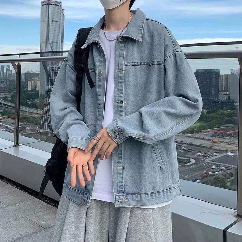 Spring Mens Singlebreasted Blue Denim Jacket Solid Color Retro Loose Outerwear Korean Fashion Jeans Jackets Y2K Streetwear 251016