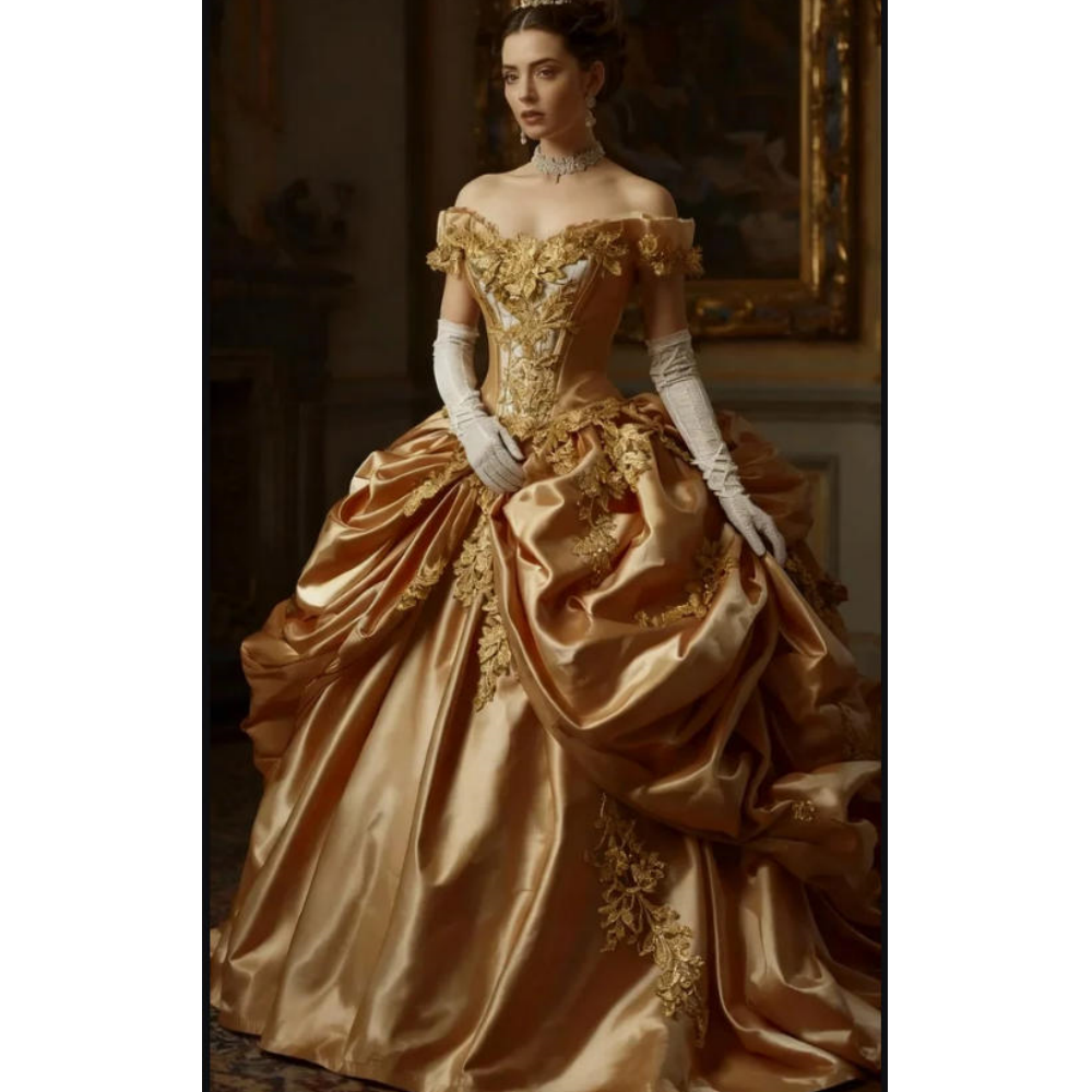 Vintage Victorian Gold Prom Dresses Ruched Bustle Taffeta Ball Gown Evening Dresses Medieval Baroque Women Costume Special Occasion Wear