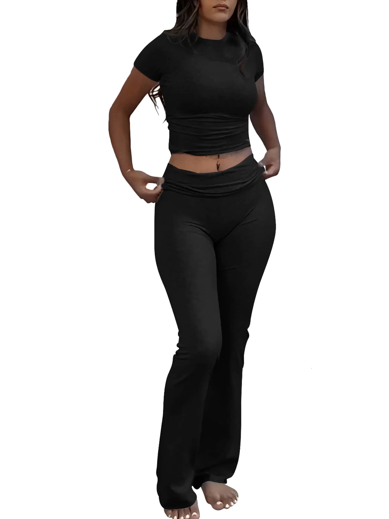 Casual Workout Two Piece Outfits for Women Short Sleeve Crop High Waist Foldover Flare Pants Tracksuit Sets Streetwear 251029