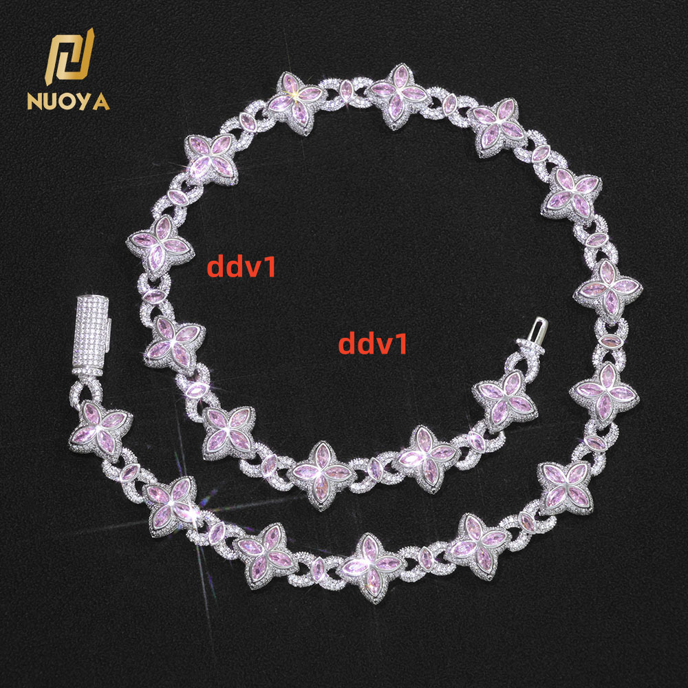 NUOYA Fine Jewelry Silver Plated Cuban Link Chain Colorful Eye Marquise moissanite Iced Out Diamond FourLeaf Clover Chain Necklace Designer's sty