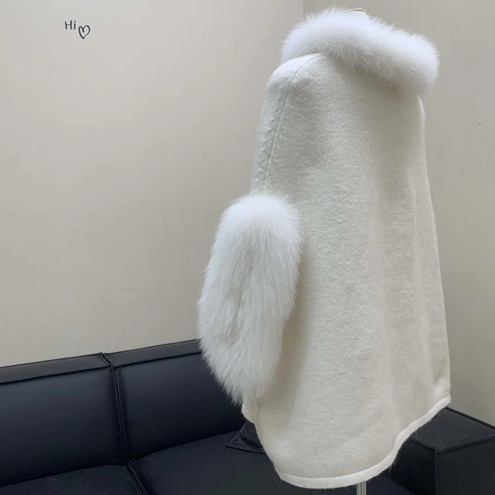 Autumn Women Knitted Poncho With Real Fox Fur Collar Cuff Fashion Casual Genuine Wool Warm Pullover shawl 251029