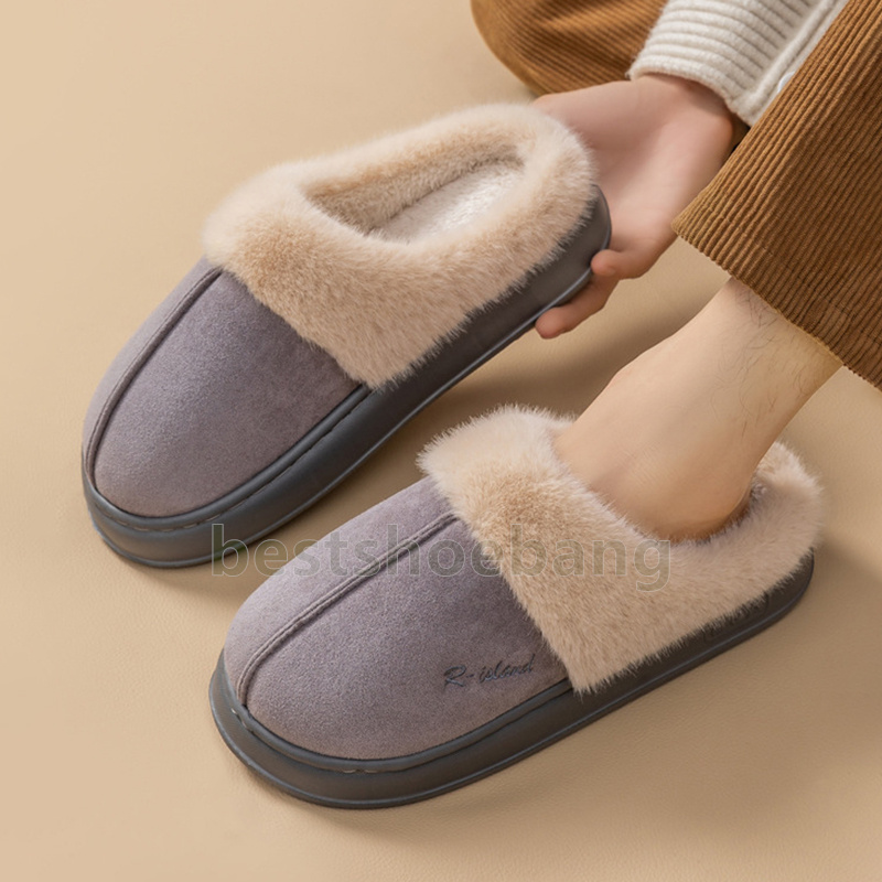 designer slippers warm winter couples fuzzy cotton slip-ons slides flats fashion brown gray pink plush house shoes size 36-41
