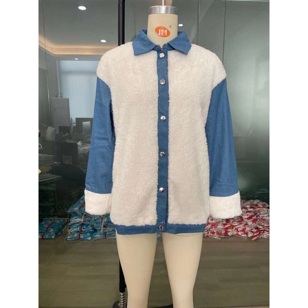 Women's European American Cross-Border Casual Plush Denim Splicing Warm Autumn And Winter Jacket Su2289