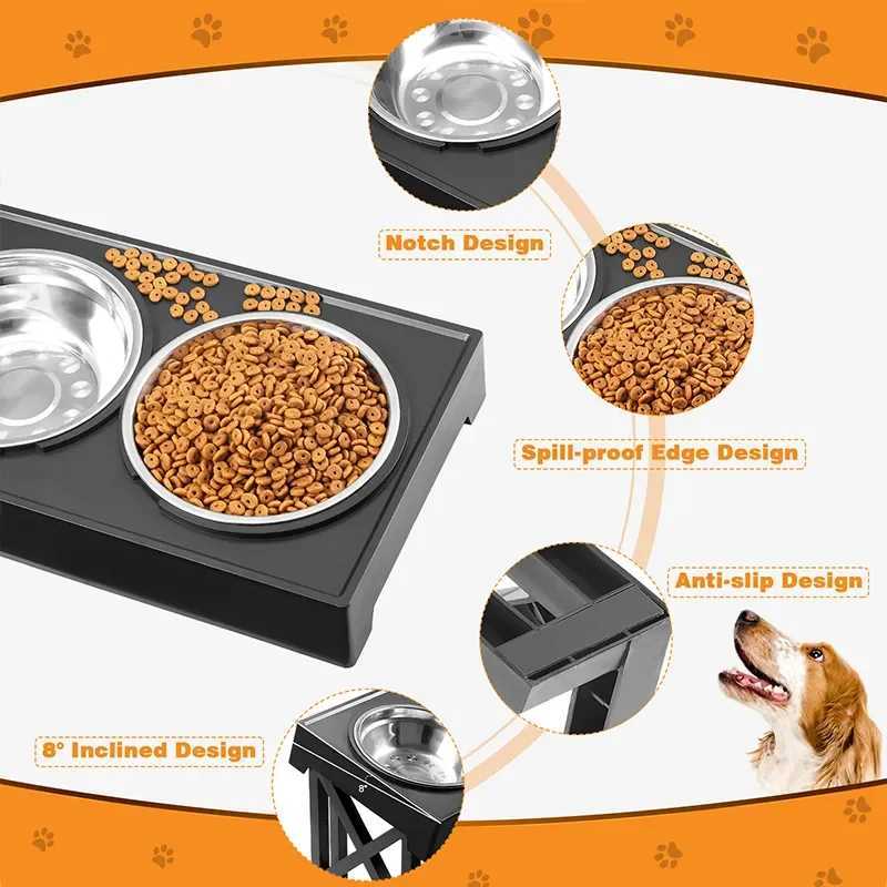 Dog Double Elevated Bowls Stand 3 Adjustable Height Pet Slow Feeding Dish Bowl Medium Big Dog Elevated Food Water Feeders Table J251113