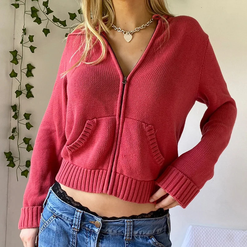 Womens Full Zip Knit Hoodies Casual Sweaters Solid Color Long Sleeve Drawstring Sweatshirts Cardigan Zipup Clothing Y2K 251030