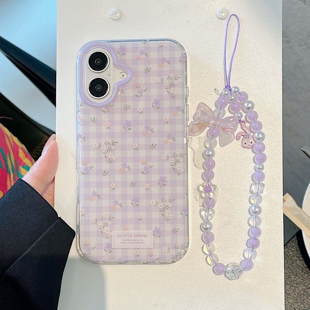 Plaid Small Floral Phone Case Compatible with iPhone 17 Pro/16 Pro Simple Bracelet 15/14 Full Coverage