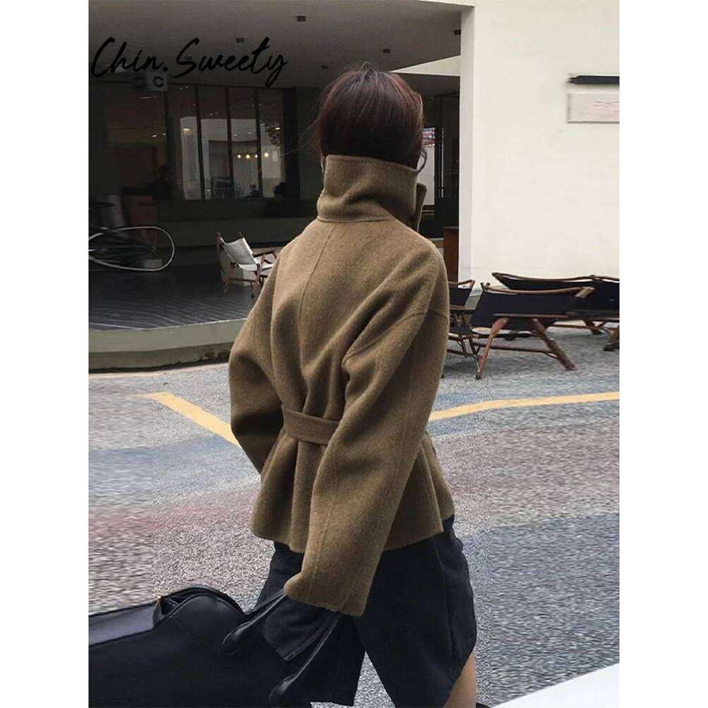 Urban Woolen Belt Women Coat Casual Long Sleeve Button Patchwork Female Jacket 2025 Autumn Winter Fashion Lady Streetwear