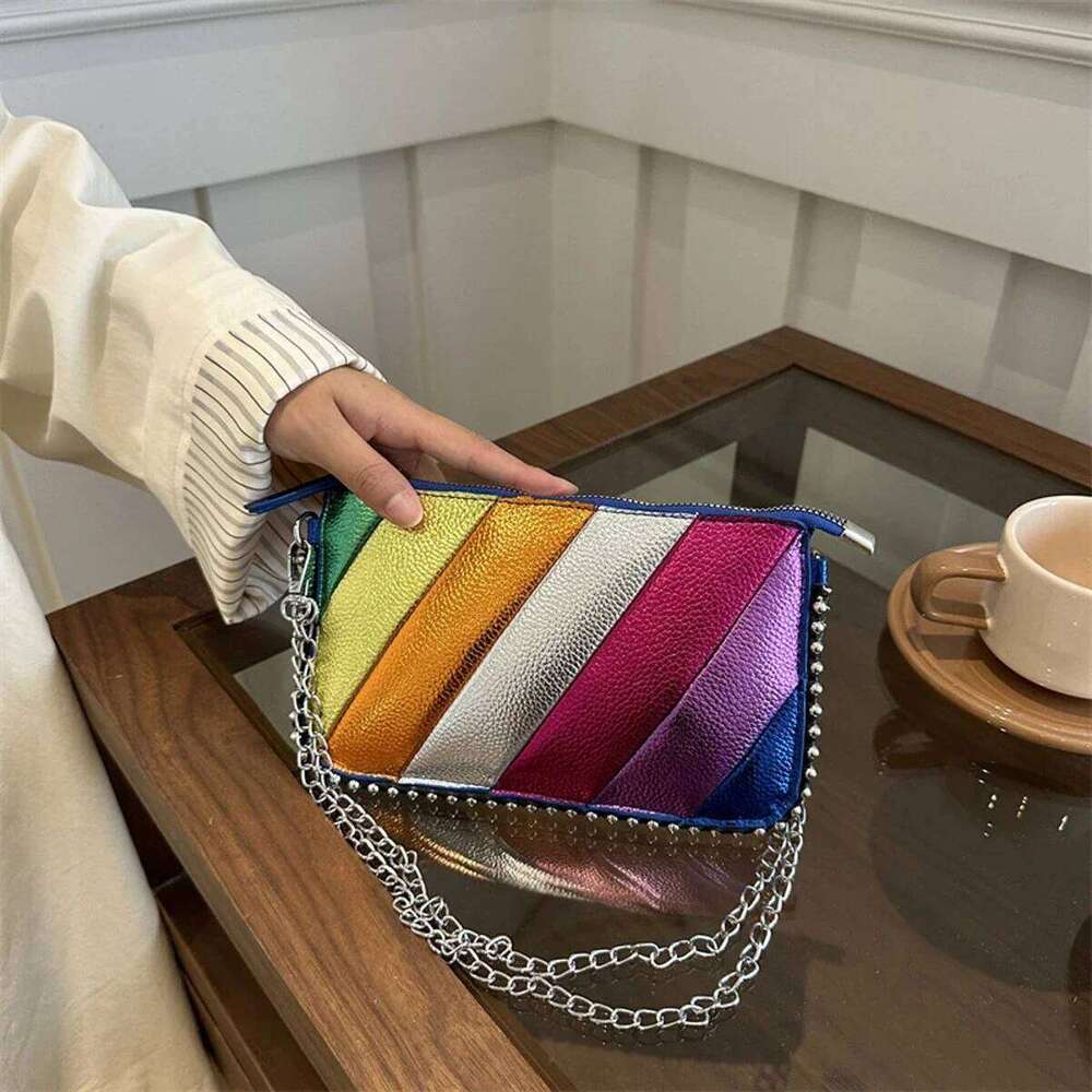 Rivet Shoulder Contrast Rainbow Splice Crossbody Designer Handbag Fashion Trend Colorful Flap Women's Twill Chain Bag