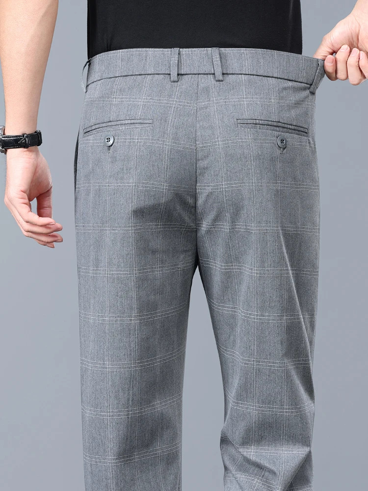 Summer Thin Plaid Formal Stretch Pants Men Slim Business Grey Black Casual Pant Fashion Male Clothing England Trousers 251028