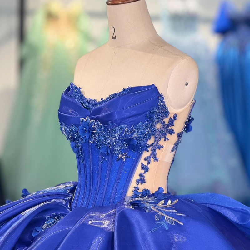 Royal Blue Shiny Quinceanera Dresses Off The Shoulder Applique Flower Beading Bow Tull Party Birthday Sweet 16 Dress Vestidos 15 Anos