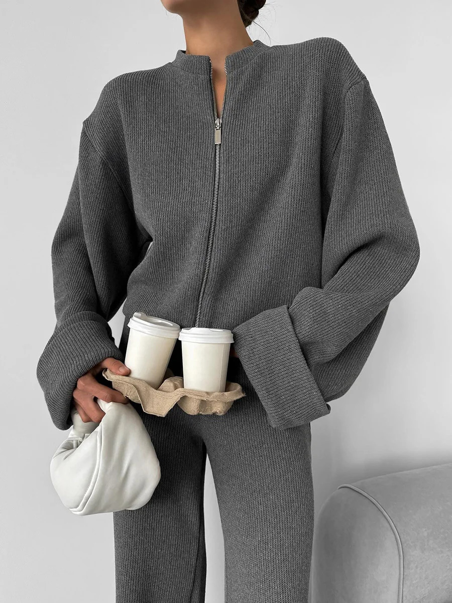 JHJN 2Piece Set Knitted Set Long Sleeved Cardigan Wideleg Pants Autumn And Winter Zipper Jacket Long Pants Casual Suit 251029